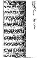 Newspaper clipping about R. A. Hallum published February 2, 1922