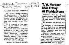 Newspaper clipping about Talmon Wright Harbour published November 6, 1962
