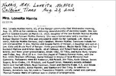Newspaper clipping about Loneita McAfee Harris published August 23, 2006