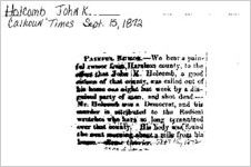 Newspaper clipping about John K. Holcomb published September 15, 1872