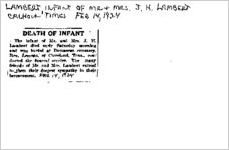 Newspaper clipping about the infant of Mr. and Mrs. Lambert published February 14, 1924