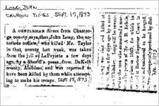 Newspaper clipping about John Long published September 17, 1873