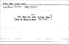Newspaper clipping about Sam May published May 7, 1877