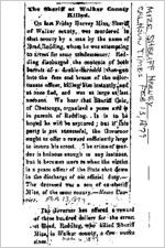 Newspaper clipping about Harvey Mize published February 13, 1879