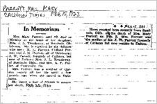 Newspaper clipping about Mary Parrott published February 15, 1923