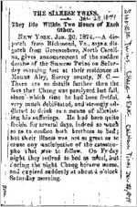 Newspaper clipping about Chang and Eng published January 28, 1874