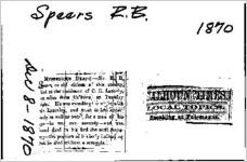 Newspaper clipping about R. B. Speers published December 8, 1870