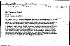Newspaper clipping about Tommy Swift published February 14, 2007
