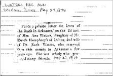 Newspaper clipping about Ann Waters published May 27, 1874