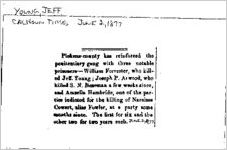 Newspaper clipping about Jeff Young published June 2, 1877