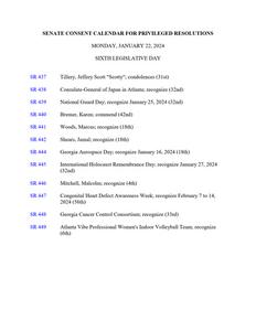 Senate consent calendar for privileged resolutions, 2024 January 22