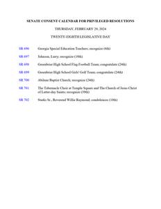 Senate consent calendar for privileged resolutions, 2024 February 29