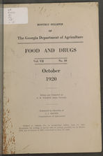 Monthly bulletin of the Georgia Department of Agriculture: Food and drugs. Vol. VII No. 10. October 1920