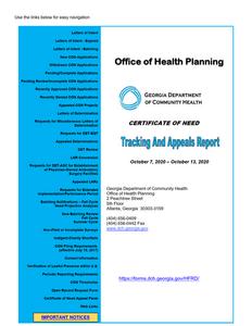 Certificate of Need tracking and appeals report, 2020 October 7 - 2020 October 13