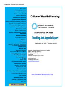 Certificate of Need tracking and appeals report, 2020 September 30 - 2020 October 6