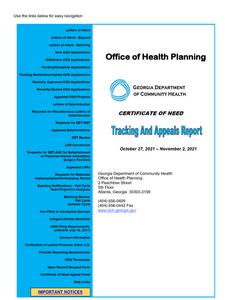 Certificate of Need tracking and appeals report, 2021 October 27 - 2021 November 2