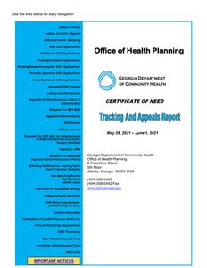 Certificate of Need tracking and appeals report, 2021 May 26 - 2021 June 1