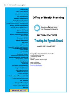 Certificate of Need tracking and appeals report, 2021 July 21 - 2021 July 27