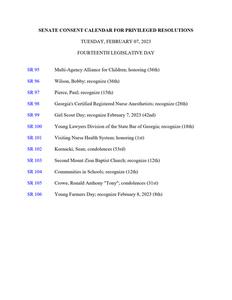 Senate consent calendar for privileged resolutions, 2023 February 7