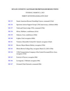 Senate consent calendar for privileged resolutions, 2023 March 21