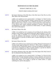Proposed Senate first readers, 2022 February 28