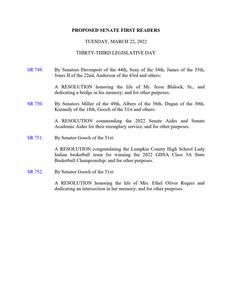 Proposed Senate first readers, 2022 March 22