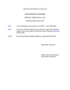 Senate rules calendar, 2021 February 1