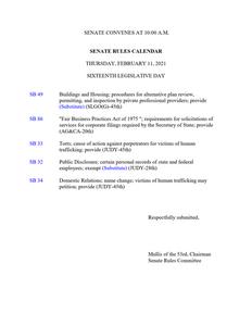 Senate rules calendar, 2021 February 11