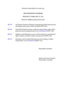 Senate rules calendar, 2021 February 25