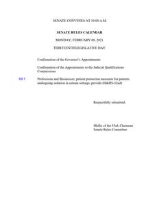 Senate rules calendar, 2021 February 8