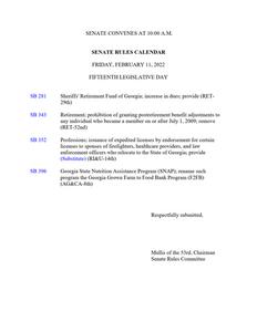 Senate rules calendar, 2022 February 11