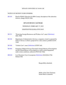 Senate rules calendar, 2022 February 17