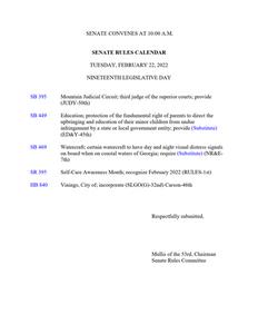 Senate rules calendar, 2022 February 22
