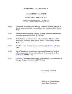 Senate rules calendar, 2022 March 9