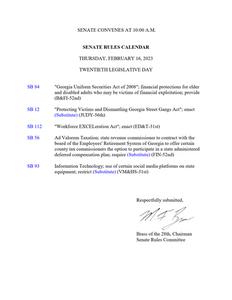 Senate rules calendar, 2023 February 16