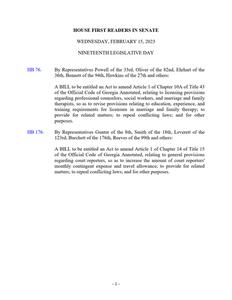 House first readers in Senate, 2023 February 15