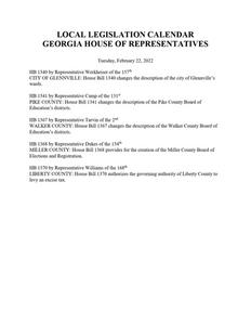 Local legislation calendar, 2022 February 22