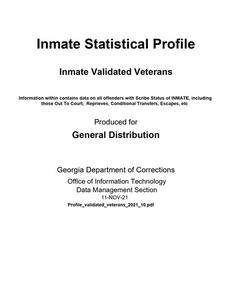 Inmate statistical profile. Inmate validated veterans, 2021 September
