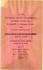 Supreme Court of Georgia, March term, 1895, number 11, (western circuit.), from Gwinnett Superior Court: Georgia, Carolina and Northern Railway Company, plaintiff in error vs. Sarah M. Hollman, defendant in error, brief of Erwin, Cobb and Woolley, N. L. Hutchins, Jr., attorneys for plaintiff in error [1895]