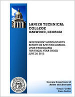Lanier Technical College, Oakwood, Georgia, independent accountant's report  on applying agreed-upon procedures for fiscal year ended June 30, 2013