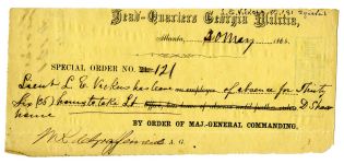 Special Orders Number 121, Georgia Militia, Leave of Absense for Lieutenant L. E. Vickers, (Confederate)