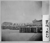 [Stereograph of bales of cotton waiting to be loaded for shipment by rail, Savannah, Chatham County, Georgia, ca. 1875]