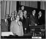 [Photograph of former and present Speakers of the Ga. House of Representatives with others in House chambers, Atlanta, Fulton County, Georgia, ca. 1974]