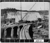 GOAT ROCK DEVELOPMENT EAST END OF POWERHOUSE COMPLETED PART OF SPILLWAY FROM WEST SIDE OF TAIL RACE APRIL 25TH, 1912.