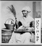 [Stereoview of an artistic pose of an African American woman holding a hand made broom and a wooden platter with dates or olives, Charleston, Charleston County, 1874 Apr. 24 ]