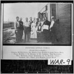 PRINTING OFFICE FORCE. (From Left to Right.) Charles McDill (Son), Dr. Henry Clay McDill (Colony Notes Man), Harp McDill, J. H. Denny, J. K. Calkins, May Kennedy, Mrs. Bernard, Grace Kennedy, L. O. Roselle, Clara Jackson, Mrs. Shaw, Jere Rogers, Verne Reed.