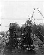 [Photograph of the Liberty ship Isaac Shelby under construction, J.A. Jones Construction Company shipyard, Brunswick, Georgia], 1944 Jan. 27