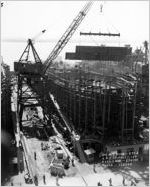[Photograph of the Liberty ship Samfinn under construction (second view), J.A. Jones Construction Company shipyard, Brunswick, Georgia], 1944 Mar. 21
