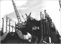 [Photograph of the bow of the Knot ship Coastal Ranger before launching, J.A. Jones Construction Company shipyard, Brunswick, Georgia, 1945]