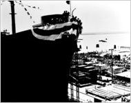 [Photograph of the bow of a ship before launching, J.A. Jones Construction Company shipyard, Brunswick, Georgia, 1943-1945?]